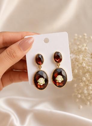 Burgundy Crystal Rose Drop Earrings